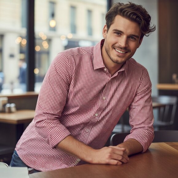 BANANA REPUBLIC Non Iron Tailored Slim Fit Button Down Shirt S Red Gingham Plaid - Picture 11 of 11